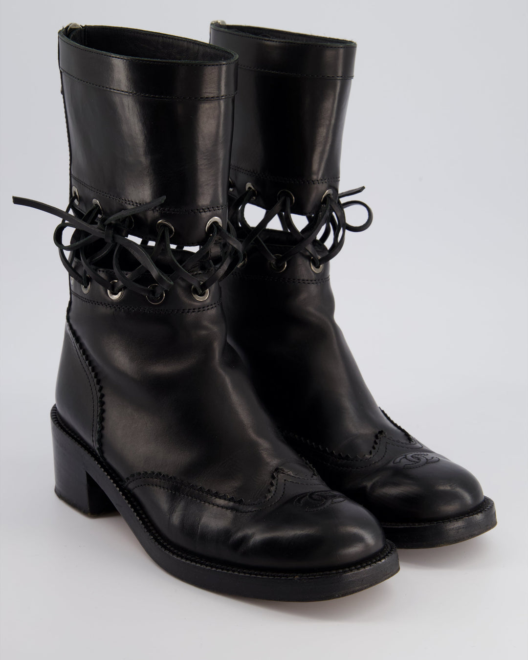 *RUNWAY* Top Quality Chanel Black Lace Up Insert Detail CC Logo Boots Size EU 40.5
