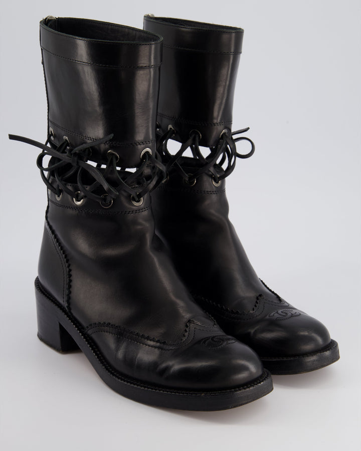 *RUNWAY* Top Quality Chanel Black Lace Up Insert Detail CC Logo Boots Size EU 40.5