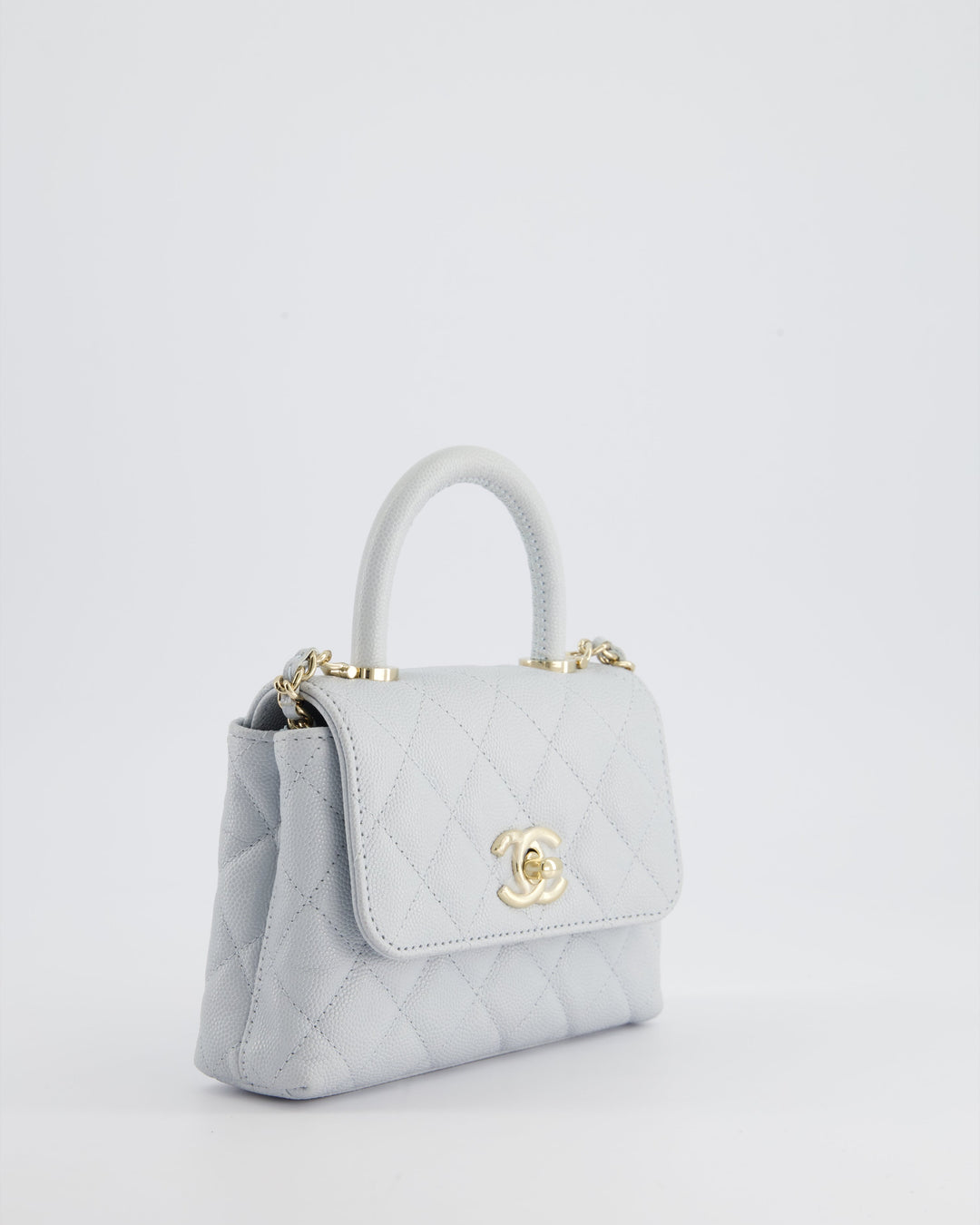 Top Quality Chanel Pale Blue Extra Mini Coco Top Handle Bag in Caviar Leather with Champagne Gold Hardware
