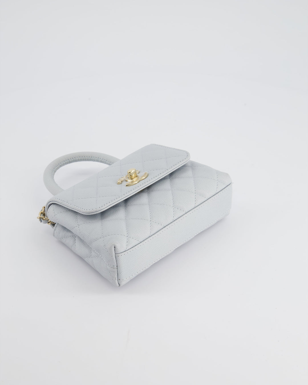 Top Quality Chanel Pale Blue Extra Mini Coco Top Handle Bag in Caviar Leather with Champagne Gold Hardware