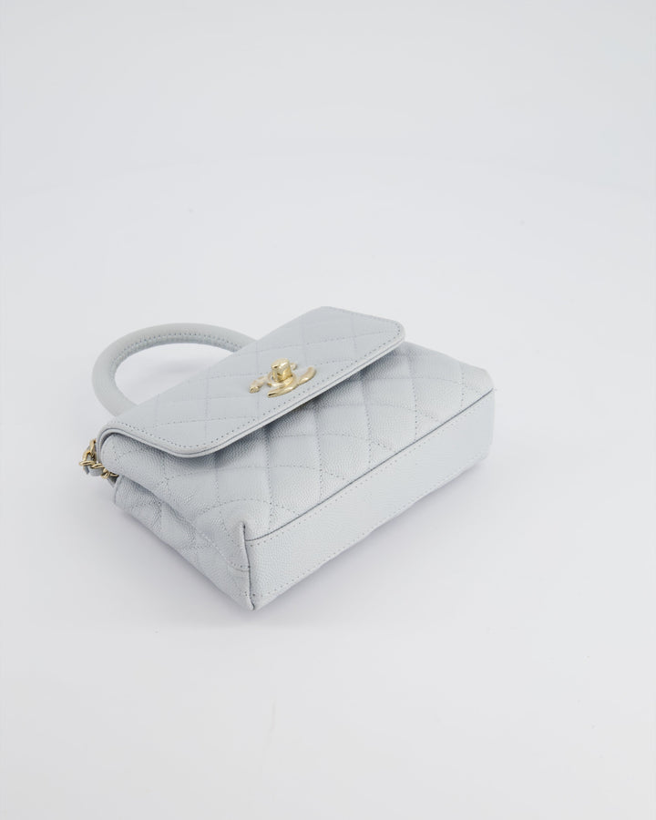 Top Quality Chanel Pale Blue Extra Mini Coco Top Handle Bag in Caviar Leather with Champagne Gold Hardware