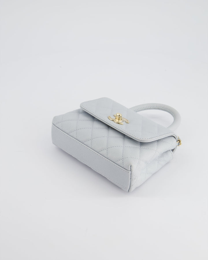 Top Quality Chanel Pale Blue Extra Mini Coco Top Handle Bag in Caviar Leather with Champagne Gold Hardware