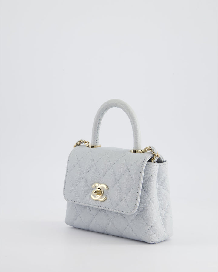 Top Quality Chanel Pale Blue Extra Mini Coco Top Handle Bag in Caviar Leather with Champagne Gold Hardware