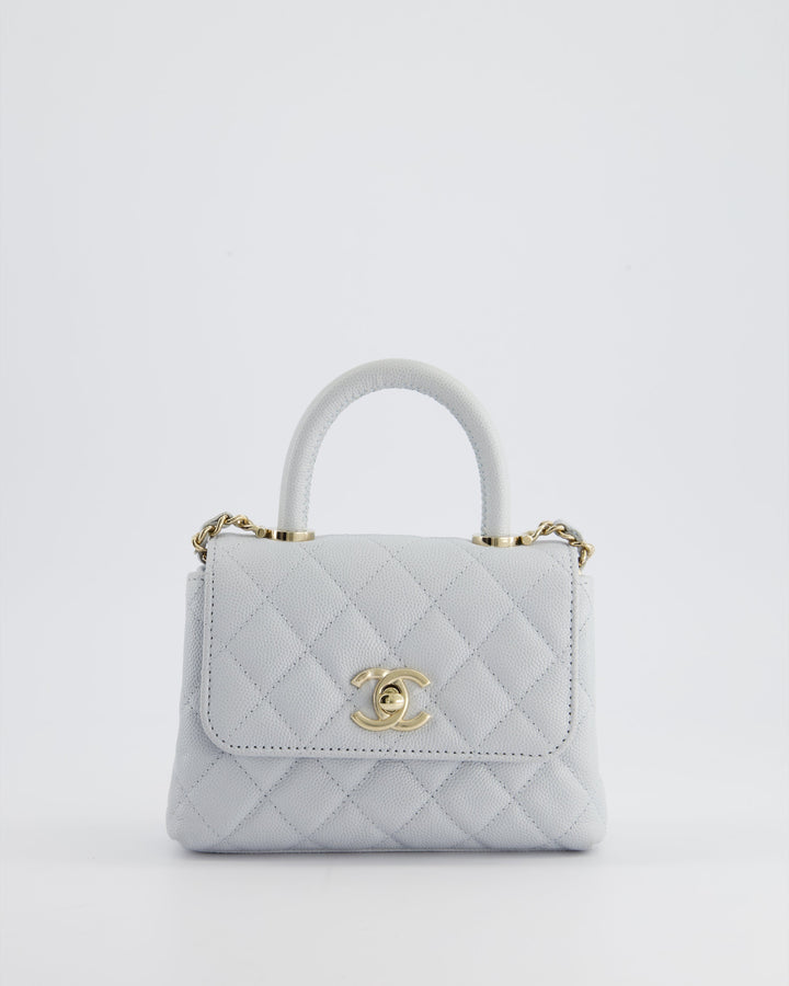 Top Quality Chanel Pale Blue Extra Mini Coco Top Handle Bag in Caviar Leather with Champagne Gold Hardware