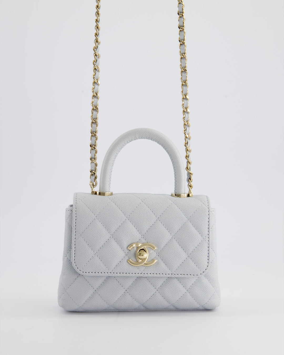 Top Quality Chanel Pale Blue Extra Mini Coco Top Handle Bag in Caviar Leather with Champagne Gold Hardware