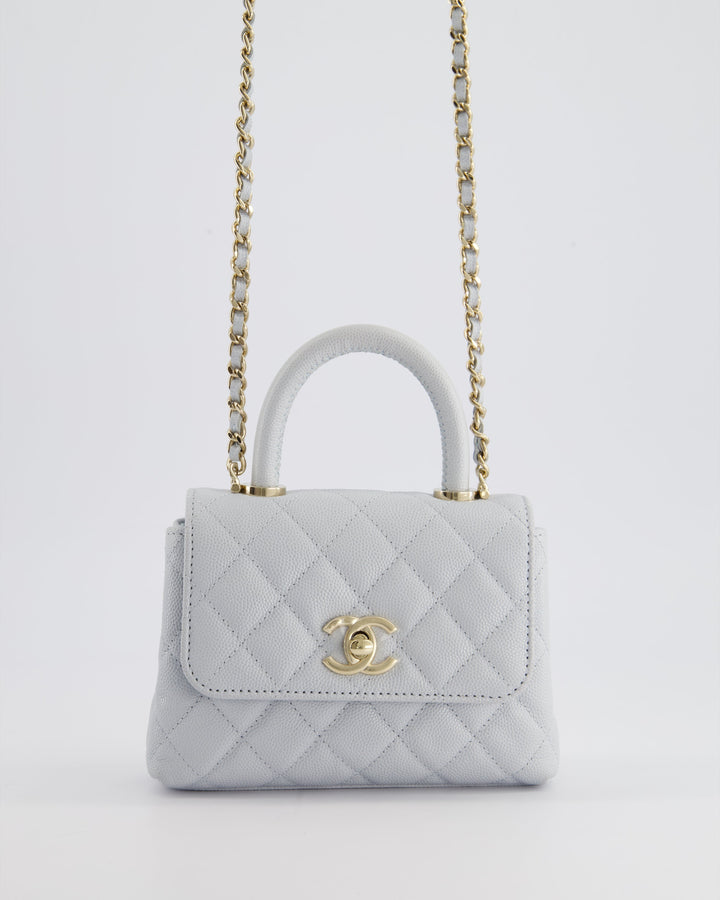 Top Quality Chanel Pale Blue Extra Mini Coco Top Handle Bag in Caviar Leather with Champagne Gold Hardware