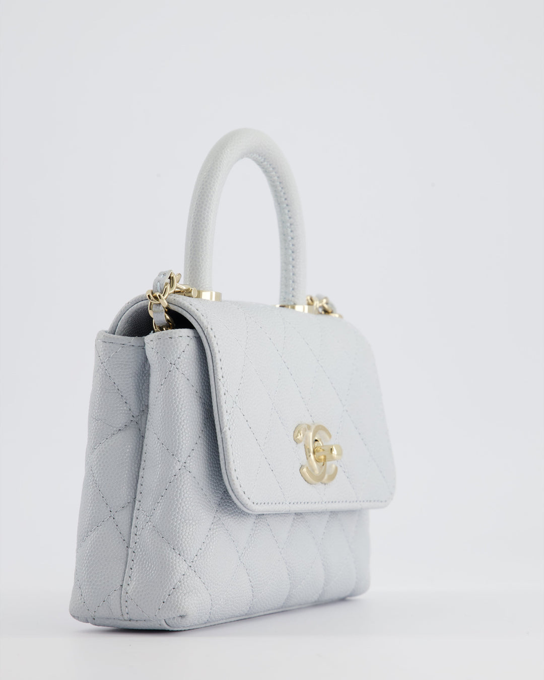 Top Quality Chanel Pale Blue Extra Mini Coco Top Handle Bag in Caviar Leather with Champagne Gold Hardware