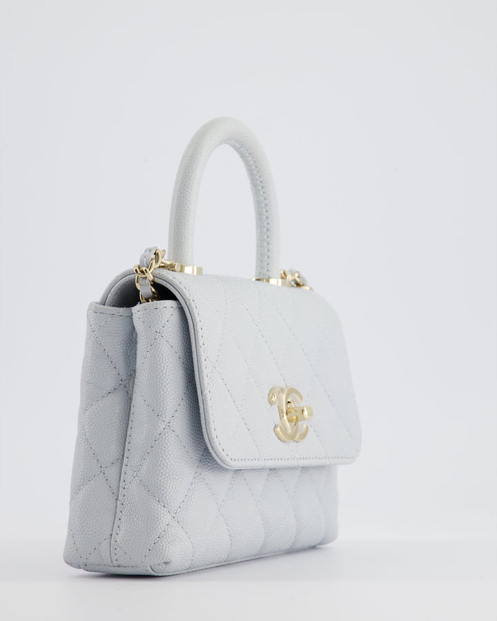 Top Quality Chanel Pale Blue Extra Mini Coco Top Handle Bag in Caviar Leather with Champagne Gold Hardware
