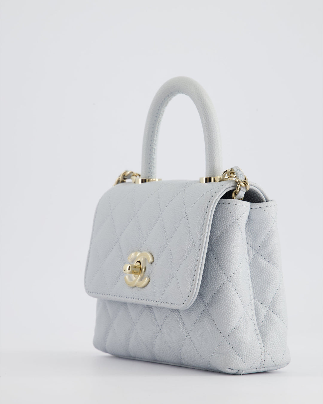 Top Quality Chanel Pale Blue Extra Mini Coco Top Handle Bag in Caviar Leather with Champagne Gold Hardware