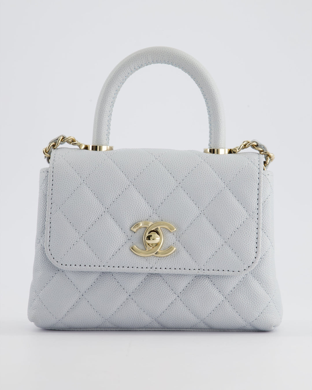 Top Quality Chanel Pale Blue Extra Mini Coco Top Handle Bag in Caviar Leather with Champagne Gold Hardware