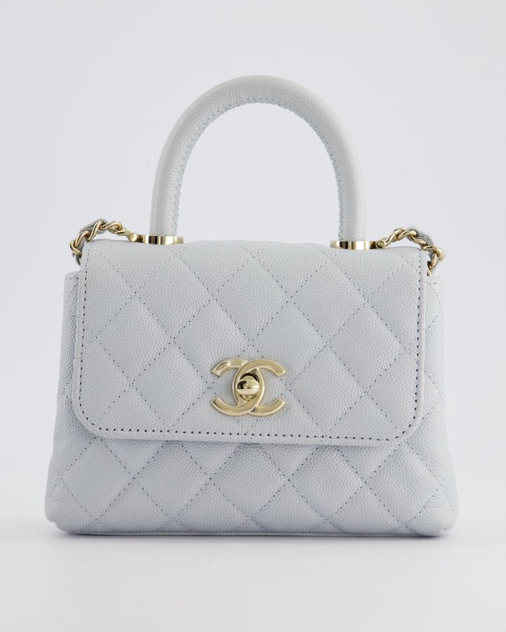 Top Quality Chanel Pale Blue Extra Mini Coco Top Handle Bag in Caviar Leather with Champagne Gold Hardware