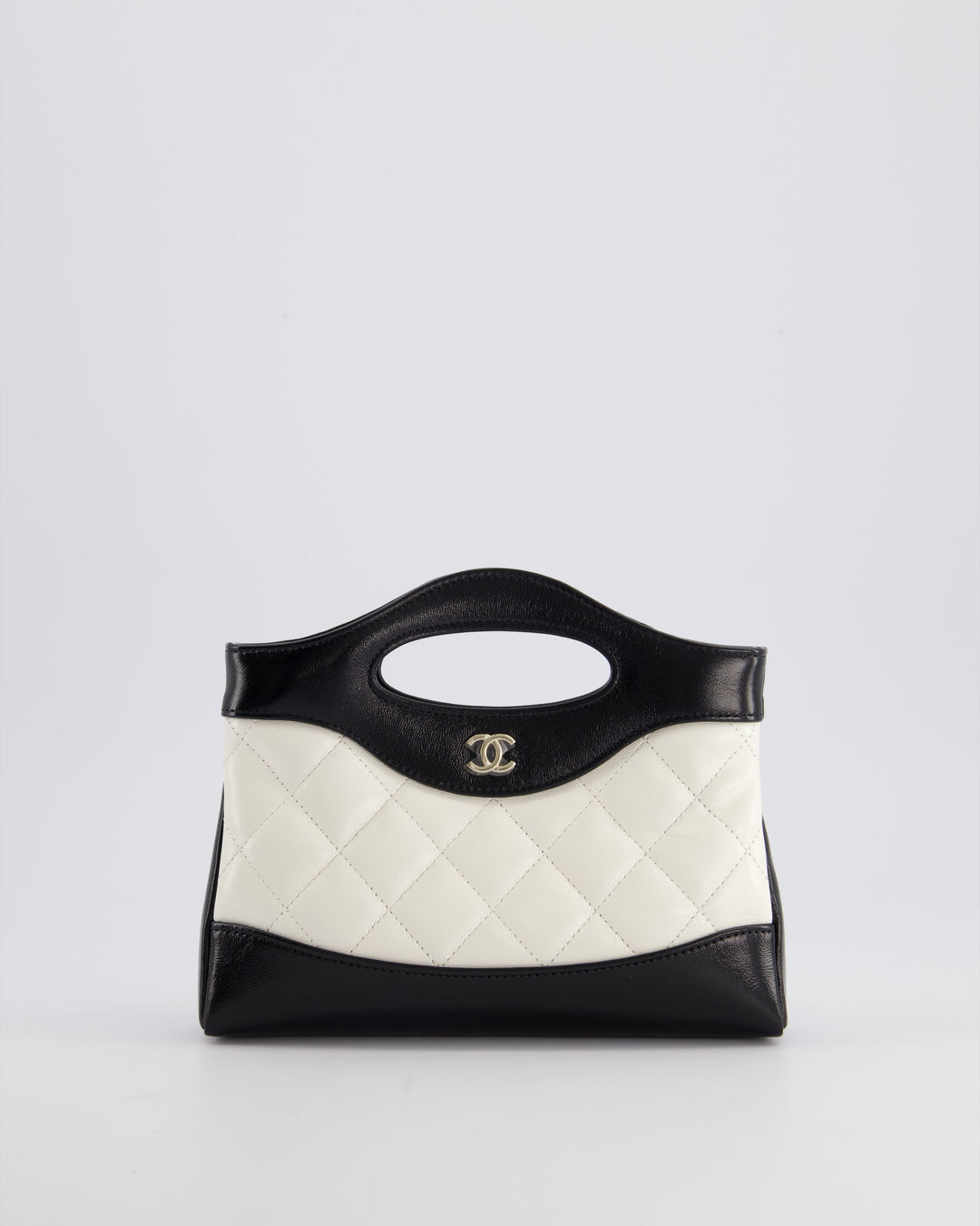 Top Quality Chanel Mini 31 Clutch Bag with Chain in Black and White Shiny Calfskin Leather with Champagne Gold Hardware
