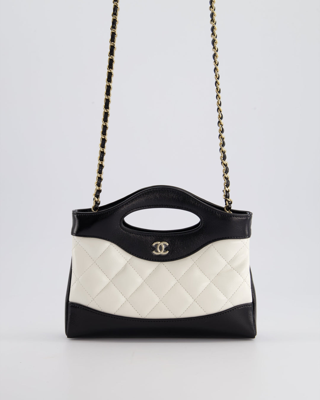 Top Quality Chanel Mini 31 Clutch Bag with Chain in Black and White Shiny Calfskin Leather with Champagne Gold Hardware