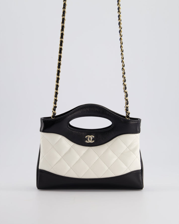 Top Quality Chanel Mini 31 Clutch Bag with Chain in Black and White Shiny Calfskin Leather with Champagne Gold Hardware