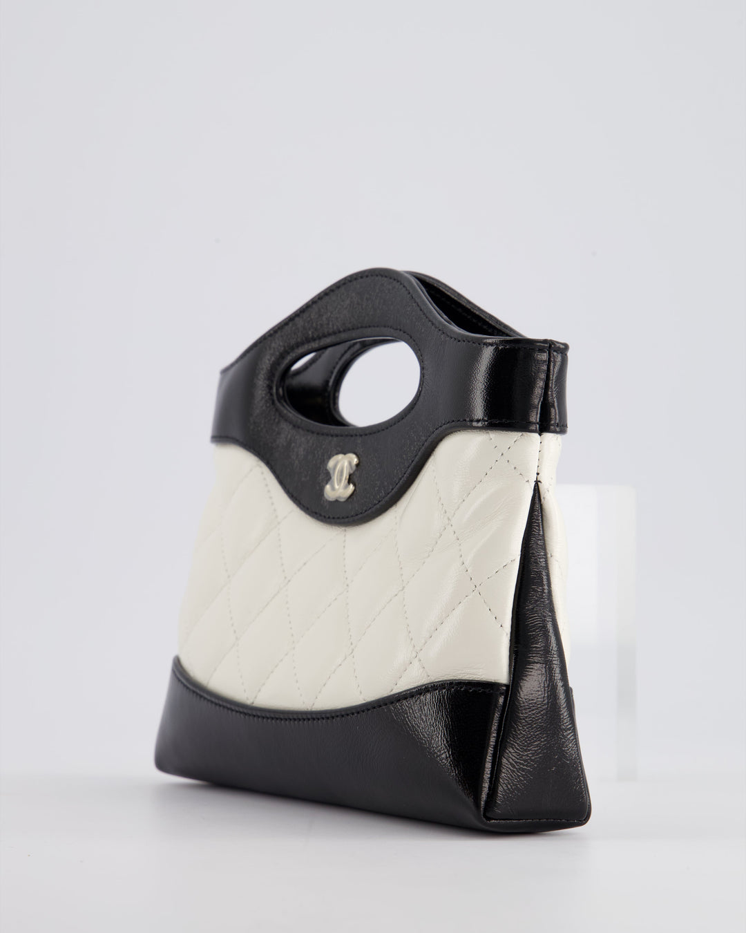 Top Quality Chanel Mini 31 Clutch Bag with Chain in Black and White Shiny Calfskin Leather with Champagne Gold Hardware
