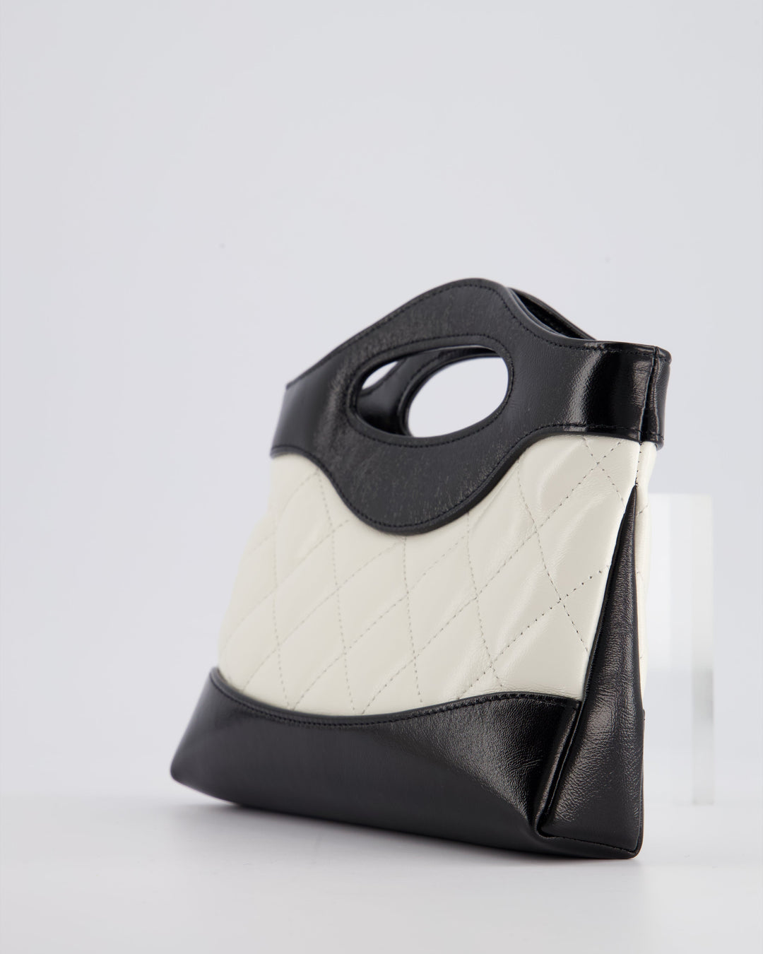 Top Quality Chanel Mini 31 Clutch Bag with Chain in Black and White Shiny Calfskin Leather with Champagne Gold Hardware