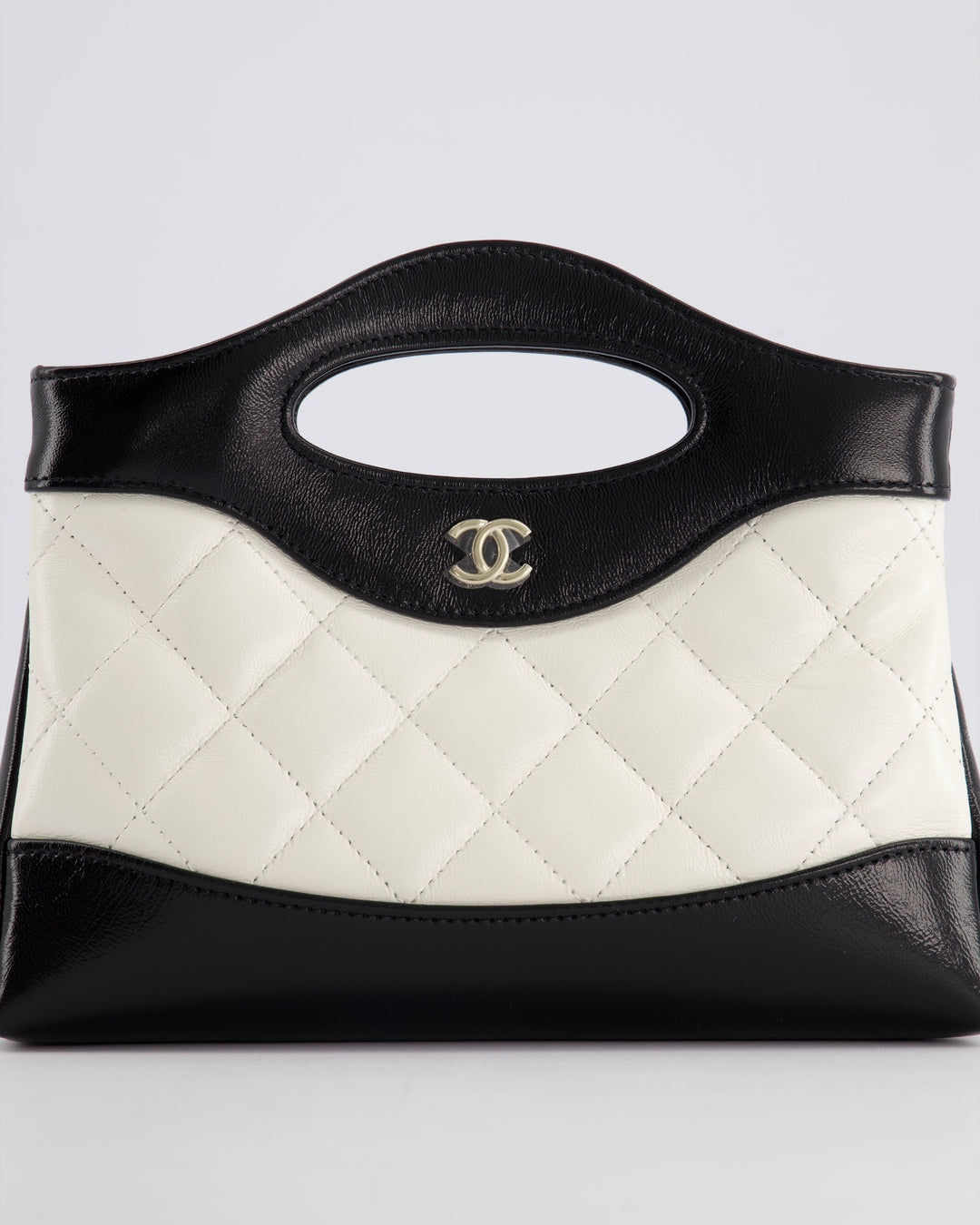Top Quality Chanel Mini 31 Clutch Bag with Chain in Black and White Shiny Calfskin Leather with Champagne Gold Hardware