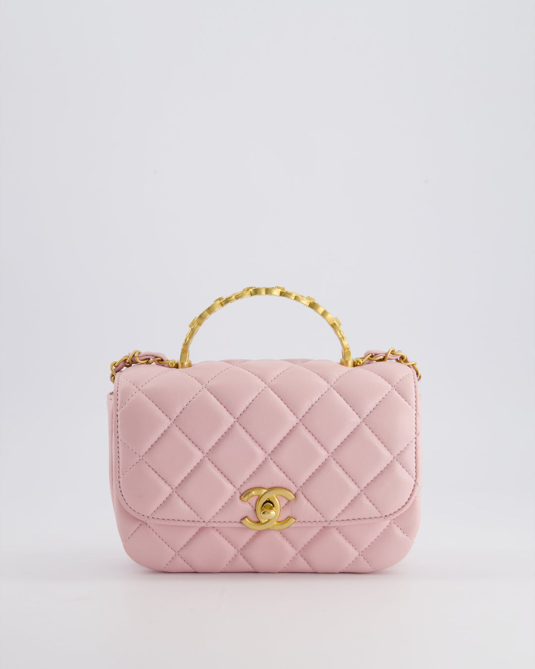 Top Quality Chanel Pink Single Flap Top Handle Bag in Lambskin Leather with Long Chain and Crystal CC Details in Gold Hardware