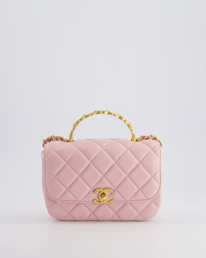 Top Quality Chanel Pink Single Flap Top Handle Bag in Lambskin Leather with Long Chain and Crystal CC Details in Gold Hardware