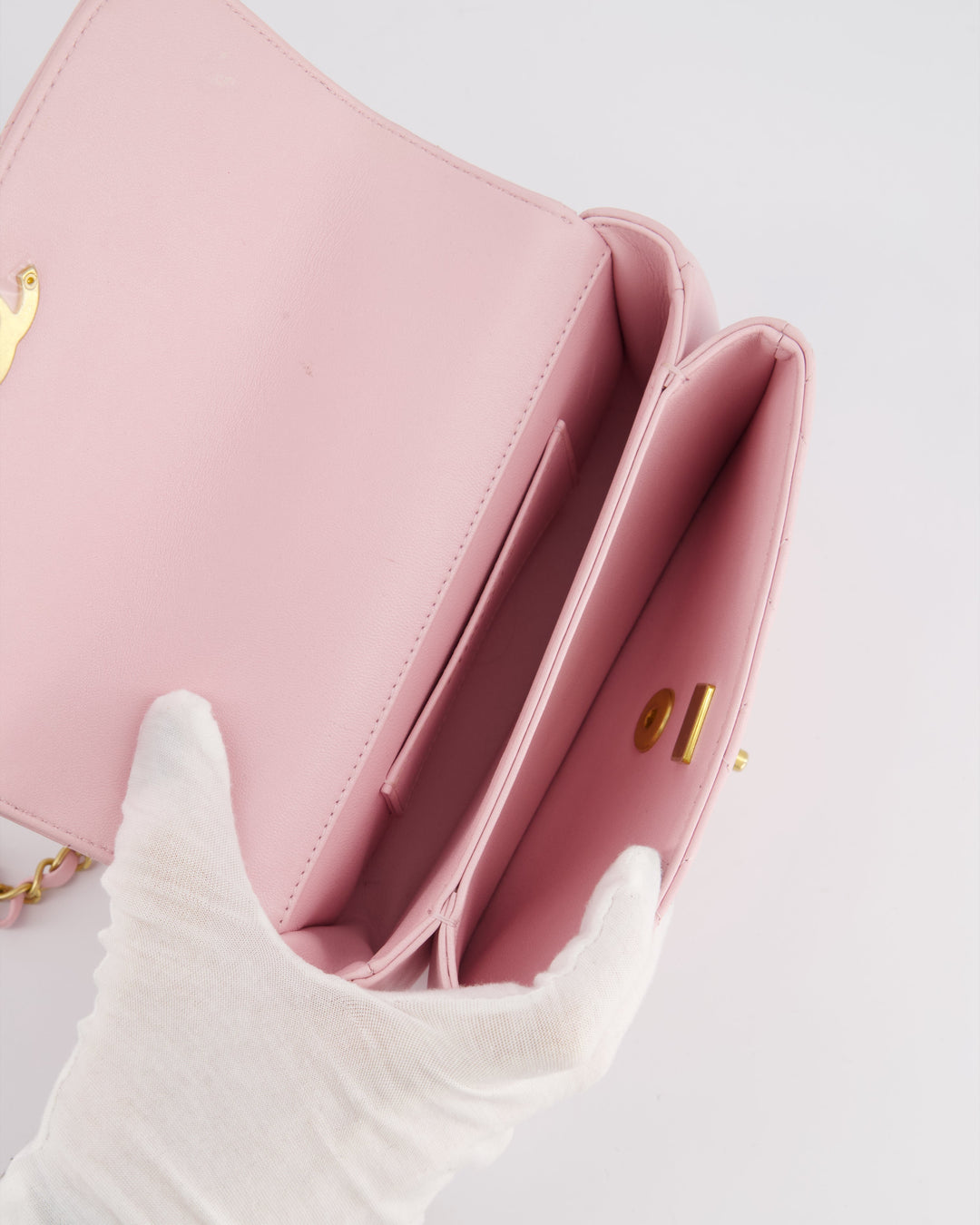 Top Quality Chanel Pink Single Flap Top Handle Bag in Lambskin Leather with Long Chain and Crystal CC Details in Gold Hardware