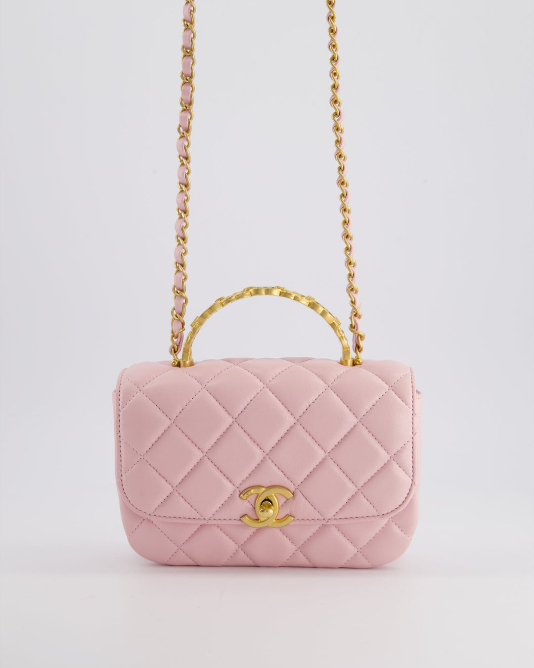 Top Quality Chanel Pink Single Flap Top Handle Bag in Lambskin Leather with Long Chain and Crystal CC Details in Gold Hardware