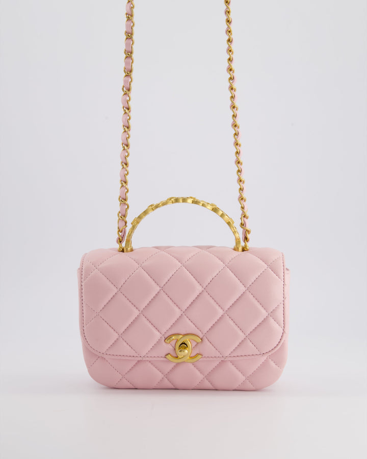 Top Quality Chanel Pink Single Flap Top Handle Bag in Lambskin Leather with Long Chain and Crystal CC Details in Gold Hardware