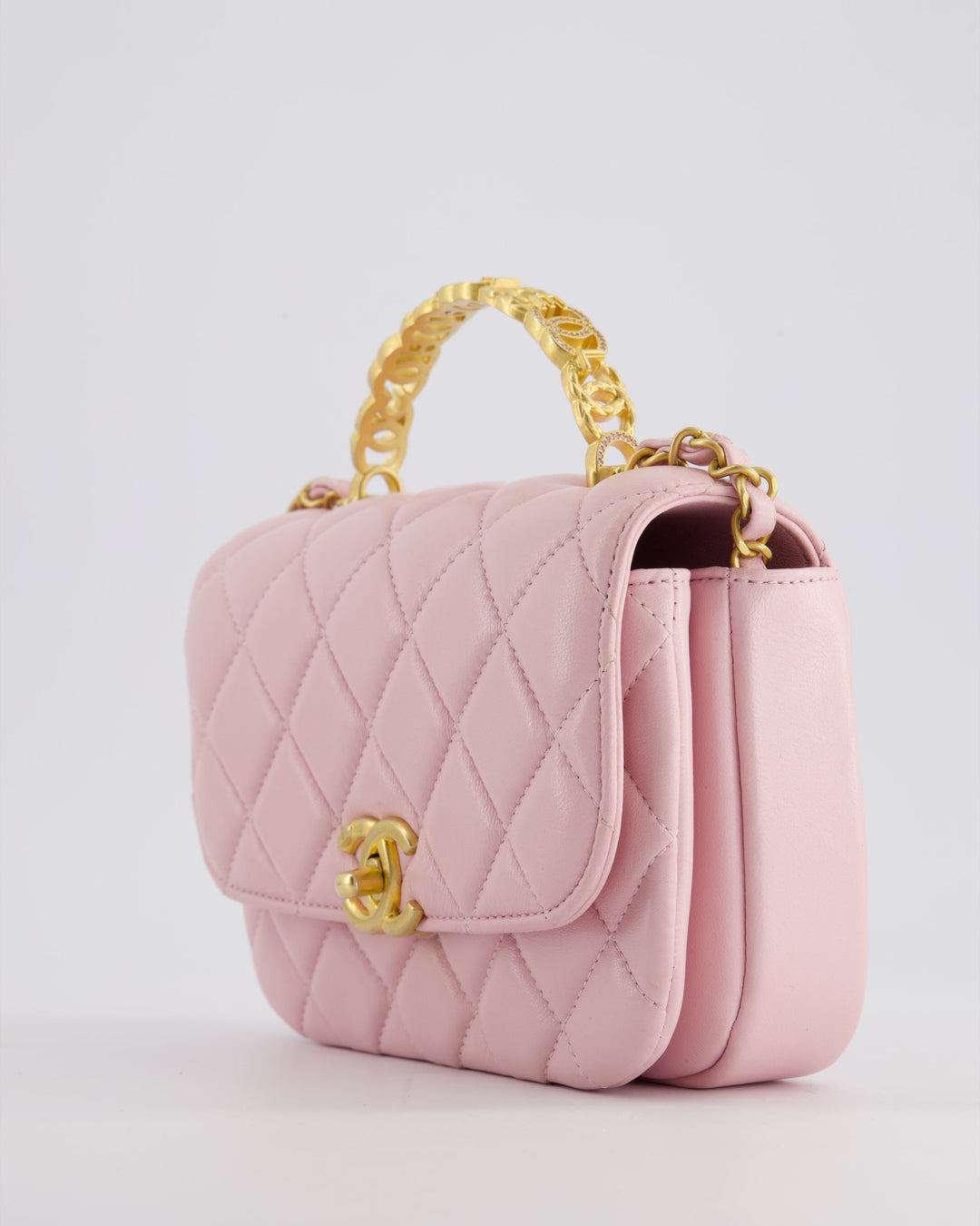 Top Quality Chanel Pink Single Flap Top Handle Bag in Lambskin Leather with Long Chain and Crystal CC Details in Gold Hardware