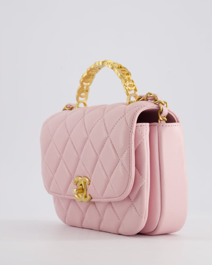 Top Quality Chanel Pink Single Flap Top Handle Bag in Lambskin Leather with Long Chain and Crystal CC Details in Gold Hardware