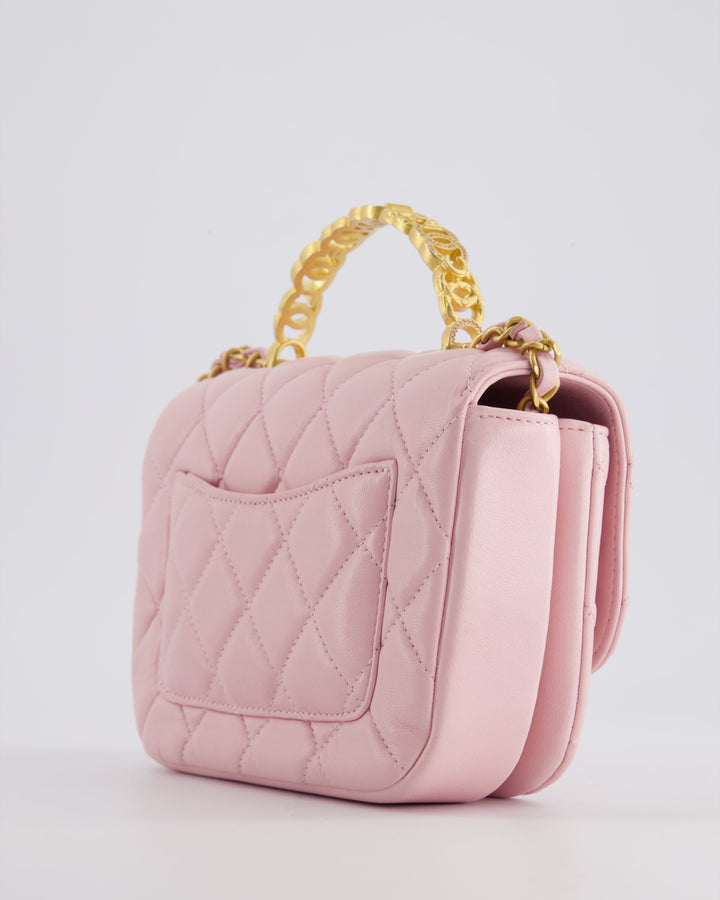 Top Quality Chanel Pink Single Flap Top Handle Bag in Lambskin Leather with Long Chain and Crystal CC Details in Gold Hardware