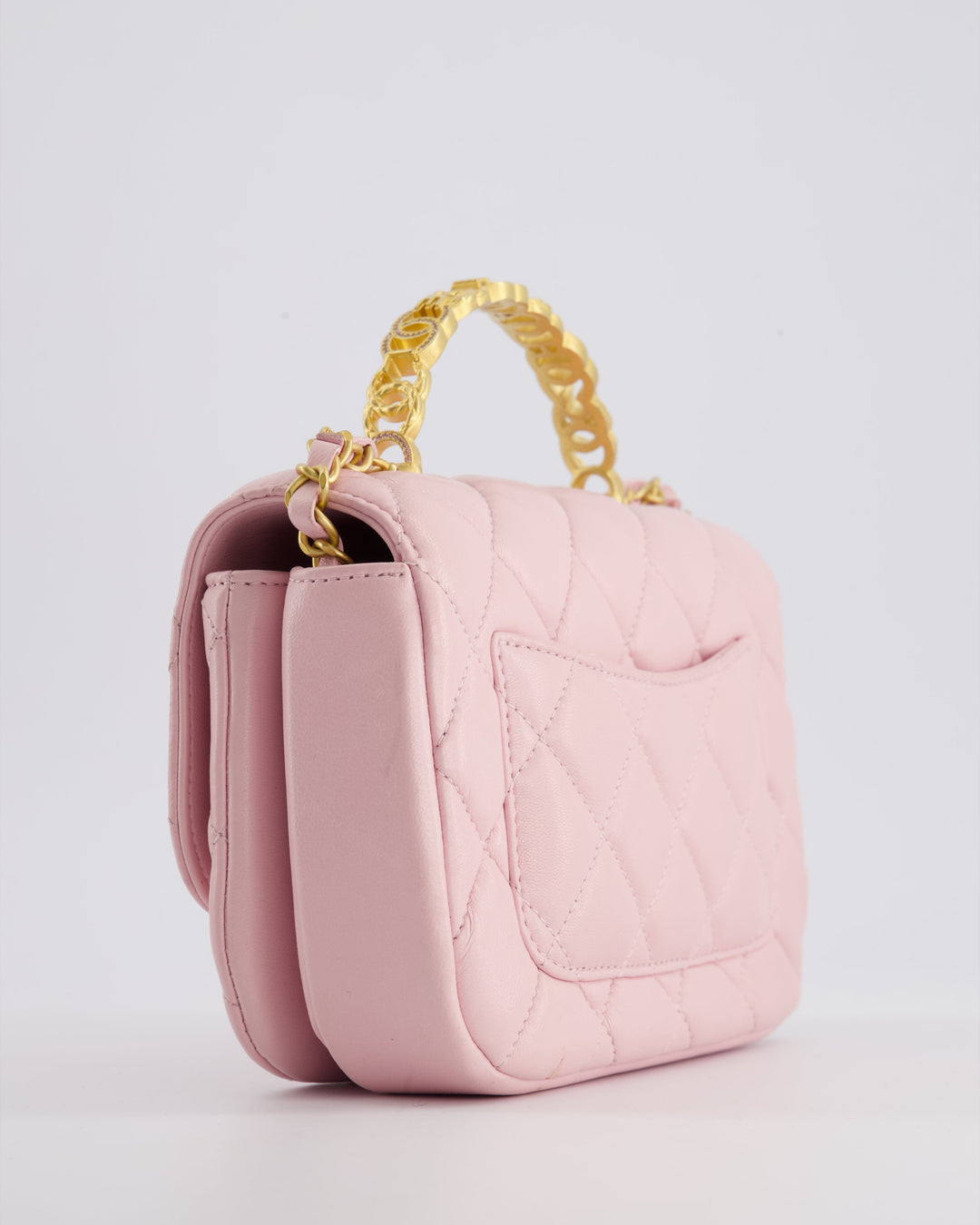 Top Quality Chanel Pink Single Flap Top Handle Bag in Lambskin Leather with Long Chain and Crystal CC Details in Gold Hardware