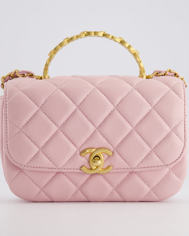 Top Quality Chanel Pink Single Flap Top Handle Bag in Lambskin Leather with Long Chain and Crystal CC Details in Gold Hardware