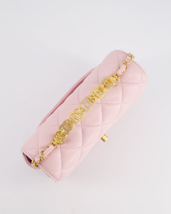 Top Quality Chanel Pink Single Flap Top Handle Bag in Lambskin Leather with Long Chain and Crystal CC Details in Gold Hardware