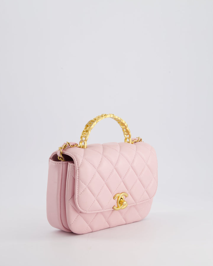 Top Quality Chanel Pink Single Flap Top Handle Bag in Lambskin Leather with Long Chain and Crystal CC Details in Gold Hardware