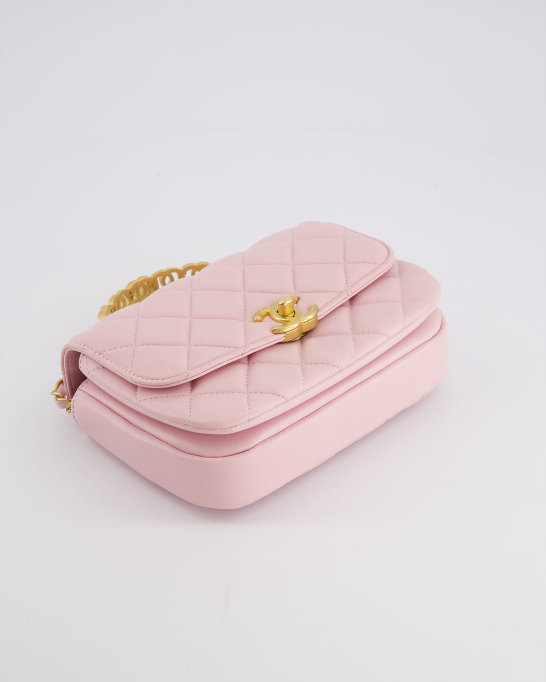 Top Quality Chanel Pink Single Flap Top Handle Bag in Lambskin Leather with Long Chain and Crystal CC Details in Gold Hardware