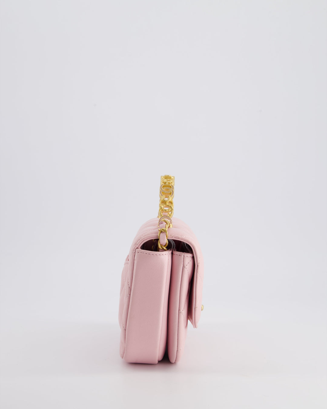 Top Quality Chanel Pink Single Flap Top Handle Bag in Lambskin Leather with Long Chain and Crystal CC Details in Gold Hardware