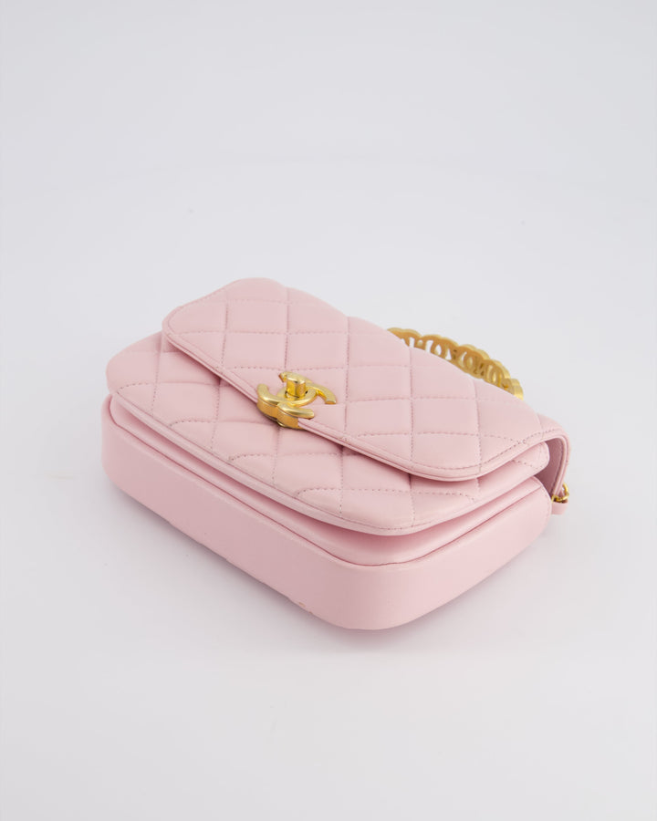 Top Quality Chanel Pink Single Flap Top Handle Bag in Lambskin Leather with Long Chain and Crystal CC Details in Gold Hardware