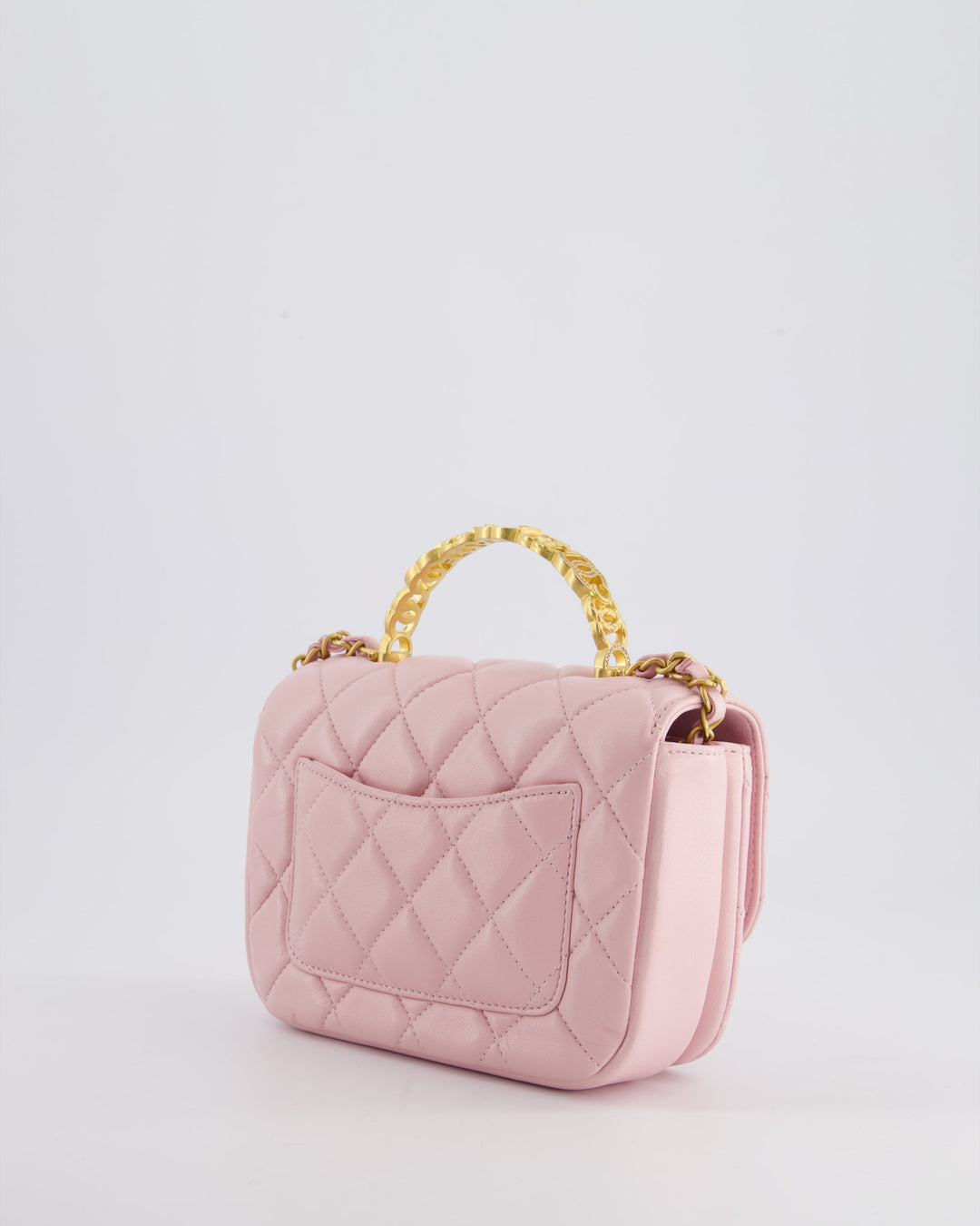 Top Quality Chanel Pink Single Flap Top Handle Bag in Lambskin Leather with Long Chain and Crystal CC Details in Gold Hardware
