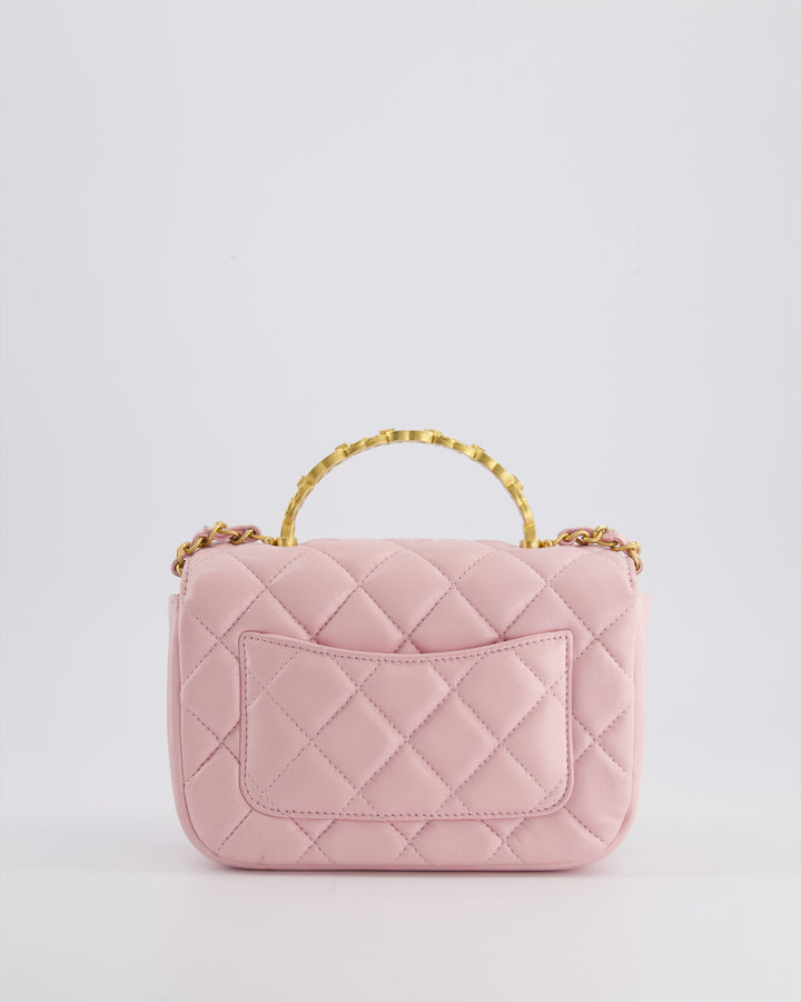 Top Quality Chanel Pink Single Flap Top Handle Bag in Lambskin Leather with Long Chain and Crystal CC Details in Gold Hardware