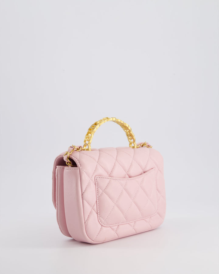 Top Quality Chanel Pink Single Flap Top Handle Bag in Lambskin Leather with Long Chain and Crystal CC Details in Gold Hardware