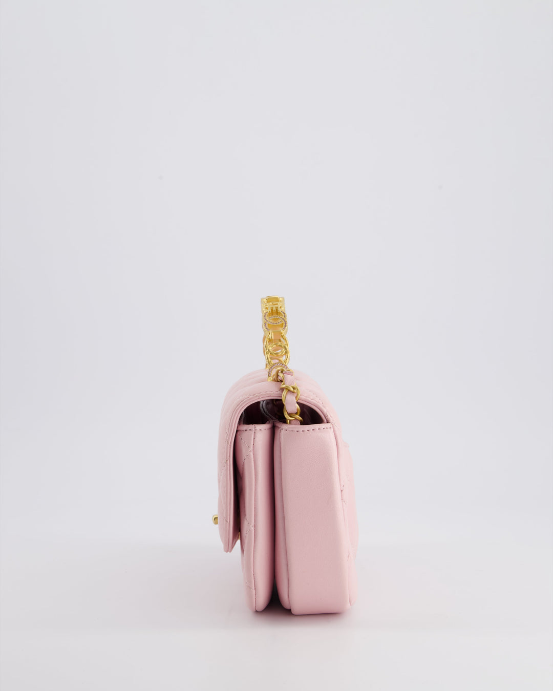 Top Quality Chanel Pink Single Flap Top Handle Bag in Lambskin Leather with Long Chain and Crystal CC Details in Gold Hardware