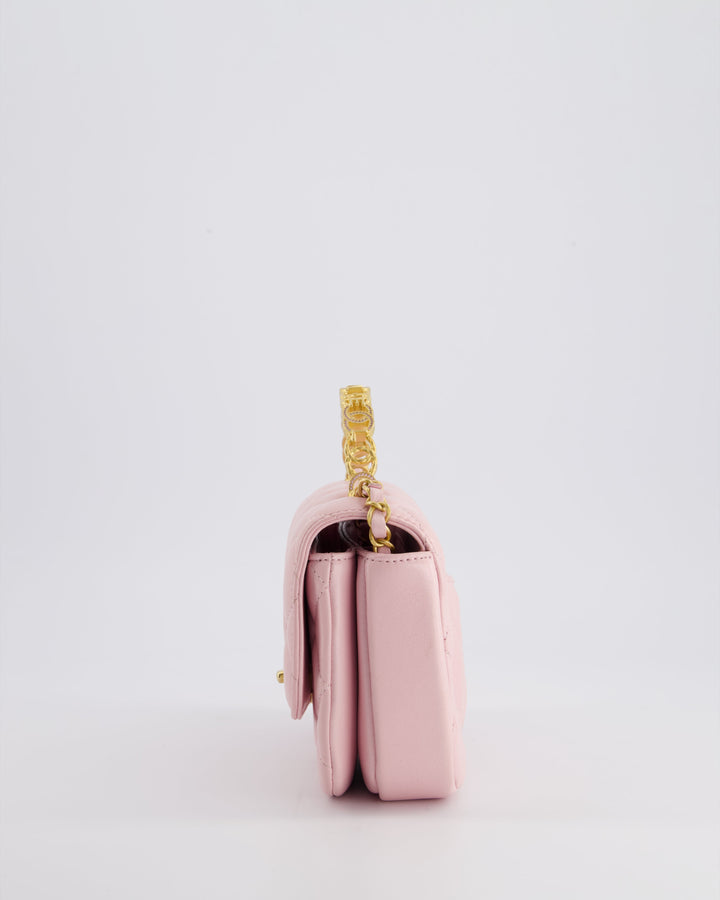Top Quality Chanel Pink Single Flap Top Handle Bag in Lambskin Leather with Long Chain and Crystal CC Details in Gold Hardware