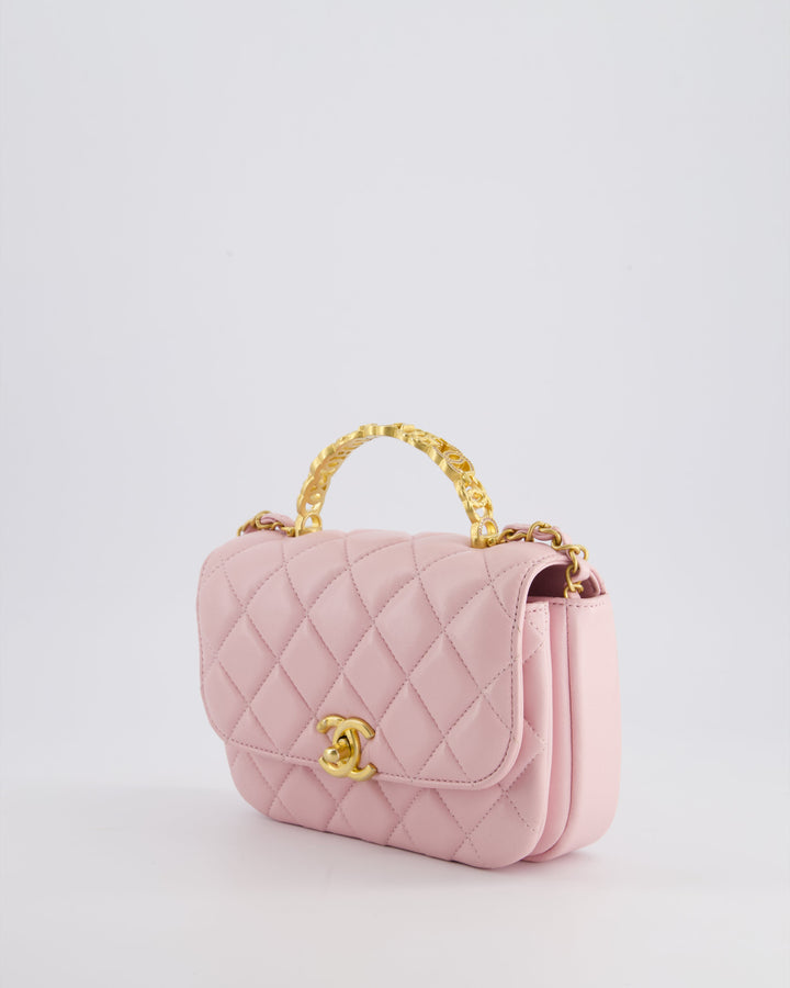 Top Quality Chanel Pink Single Flap Top Handle Bag in Lambskin Leather with Long Chain and Crystal CC Details in Gold Hardware
