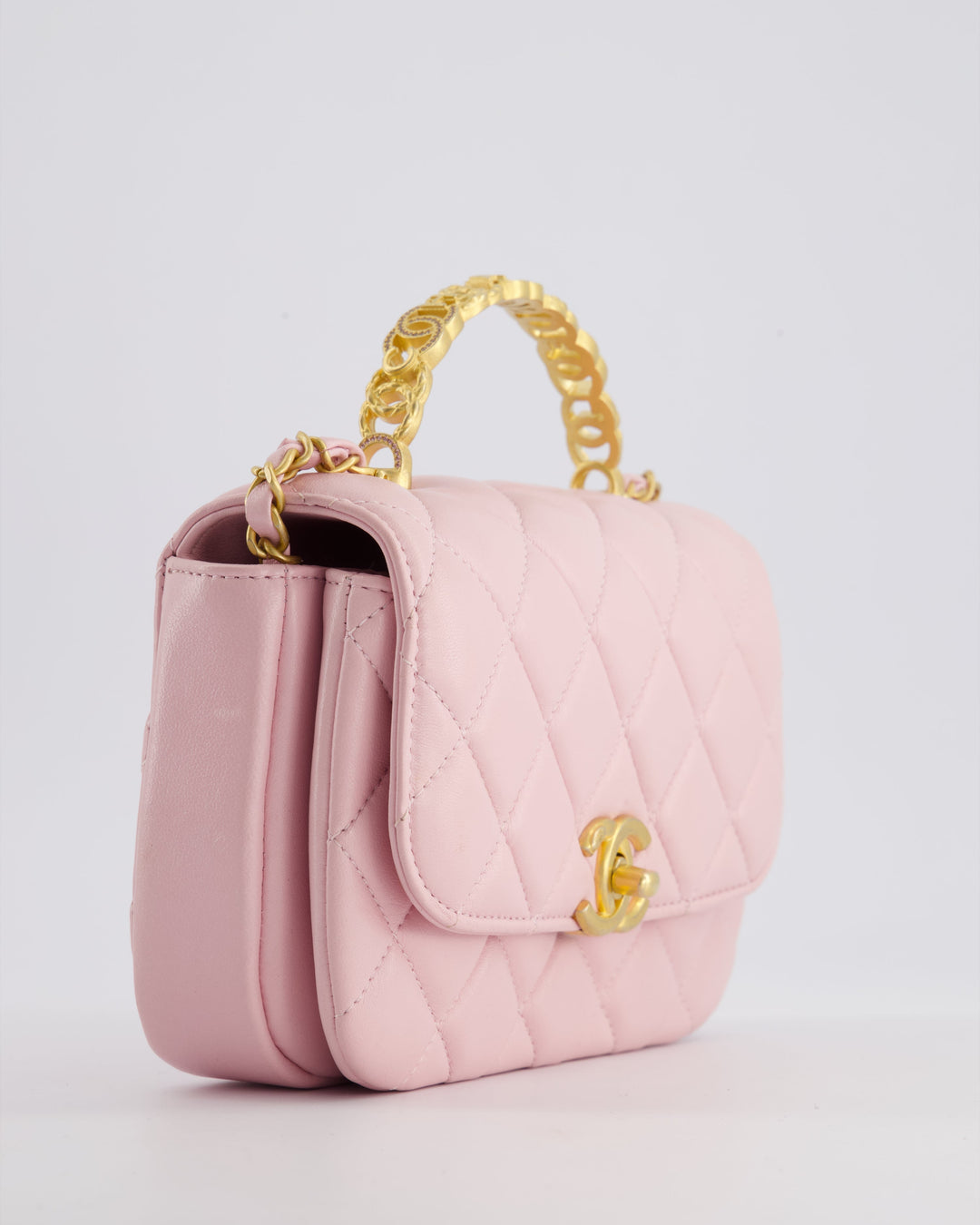 Top Quality Chanel Pink Single Flap Top Handle Bag in Lambskin Leather with Long Chain and Crystal CC Details in Gold Hardware