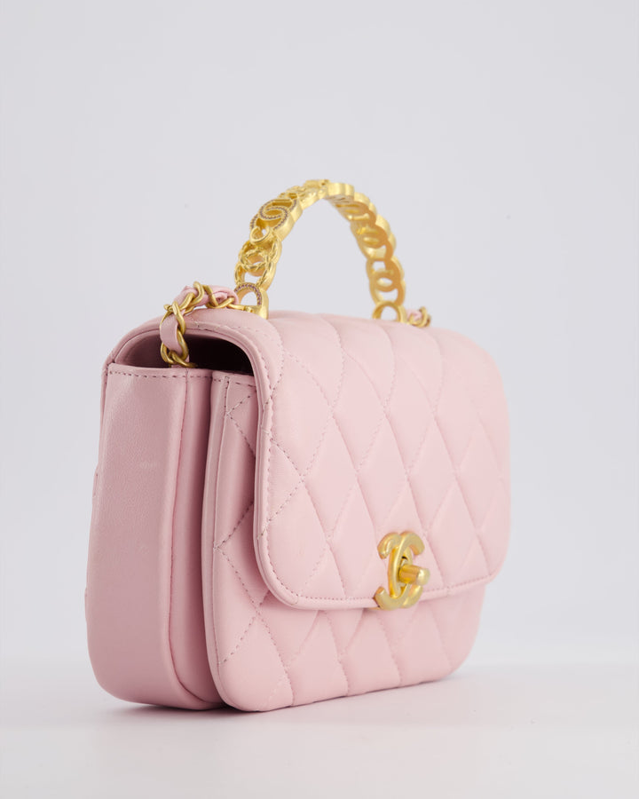 Top Quality Chanel Pink Single Flap Top Handle Bag in Lambskin Leather with Long Chain and Crystal CC Details in Gold Hardware