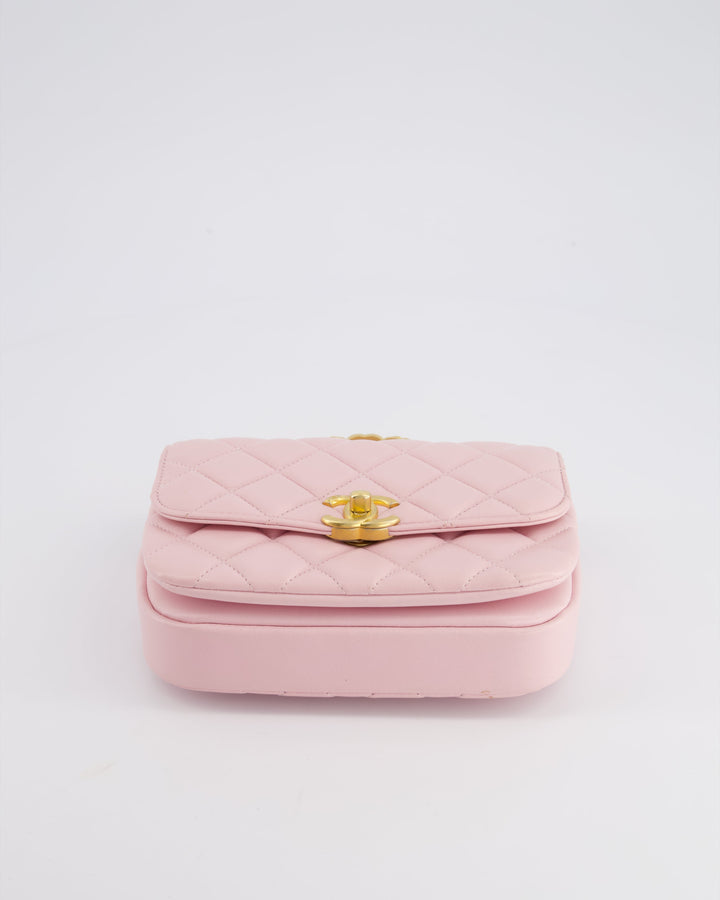 Top Quality Chanel Pink Single Flap Top Handle Bag in Lambskin Leather with Long Chain and Crystal CC Details in Gold Hardware