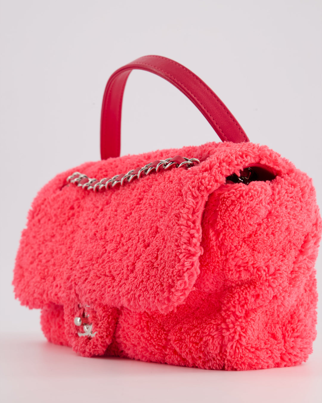 Top Quality Chanel Hot Pink Quilted Terry Cloth Coco Beach Flap Bag With Silver Hardware