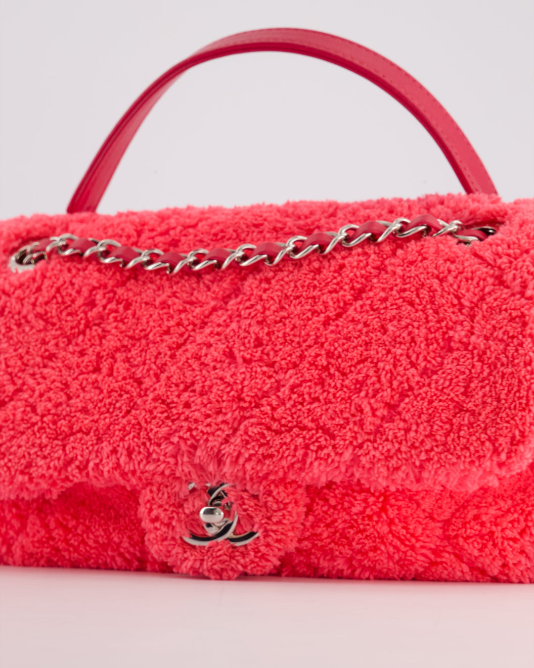 Top Quality Chanel Hot Pink Quilted Terry Cloth Coco Beach Flap Bag With Silver Hardware