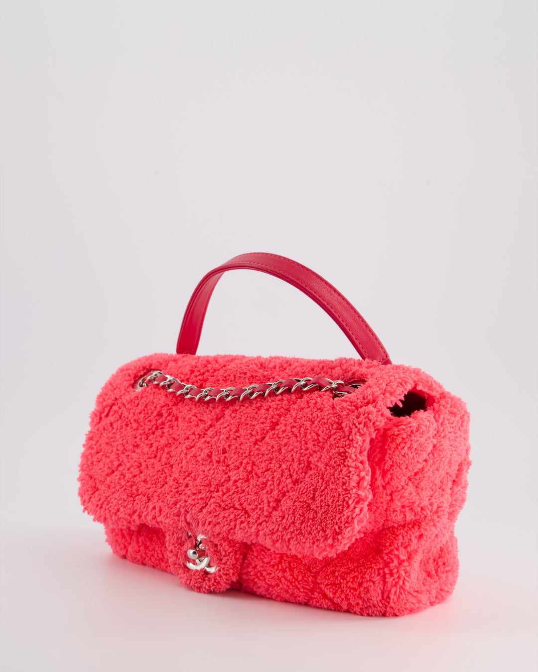 Top Quality Chanel Hot Pink Quilted Terry Cloth Coco Beach Flap Bag With Silver Hardware