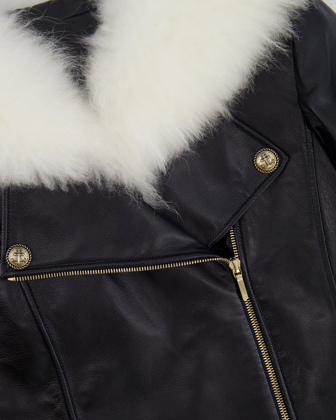 Top Quality Chanel Black Leather Asymmetric Jacket with White Fur Details and Logo Buttons Detail Size FR 34 (UK 6)