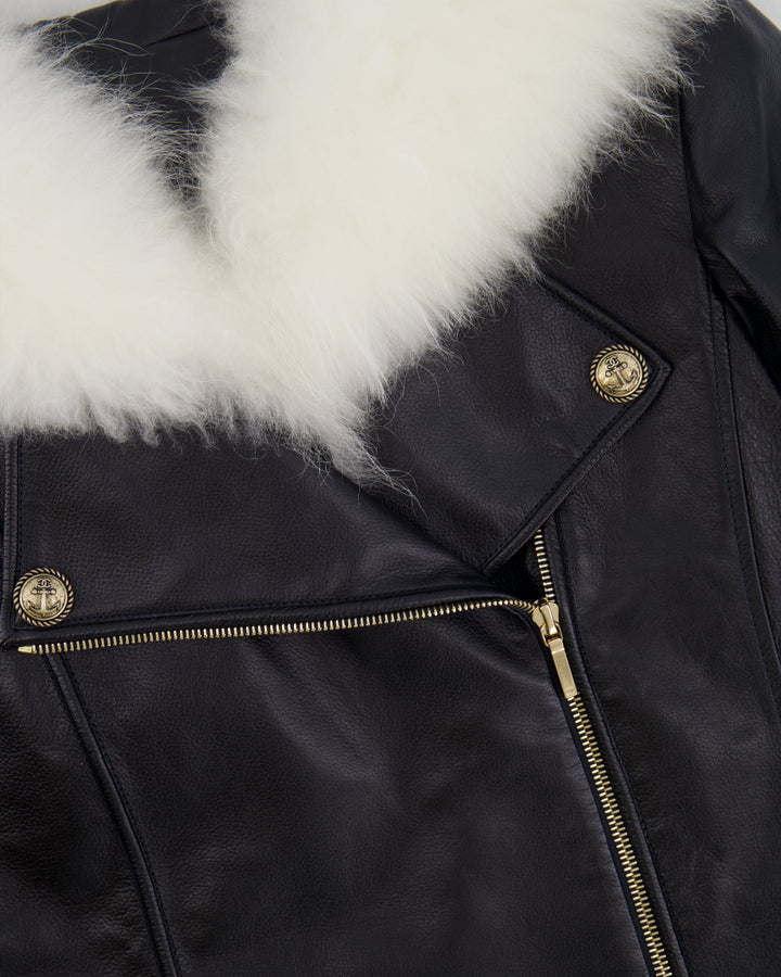 Top Quality Chanel Black Leather Asymmetric Jacket with White Fur Details and Logo Buttons Detail Size FR 34 (UK 6)
